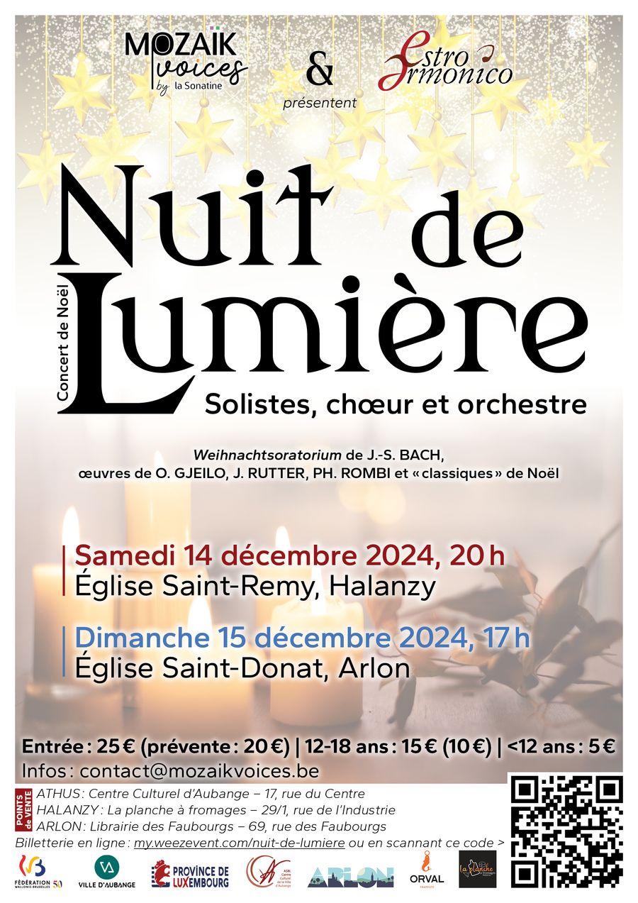 Affiche du concert de Noël 'Nuit de Lumière' par Mozaik Voices et Estro Armonico, les 14 et 15 décembre 2024. Au programme : Bach, Gjeilo, Rutter, Rombi. Détails des billets inclus.